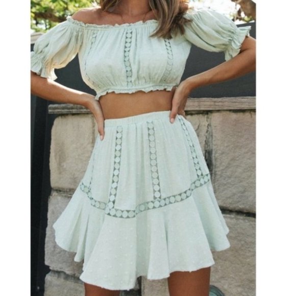 . Dresses & Skirts - Swiss dot off shoulder crop top skirt set
